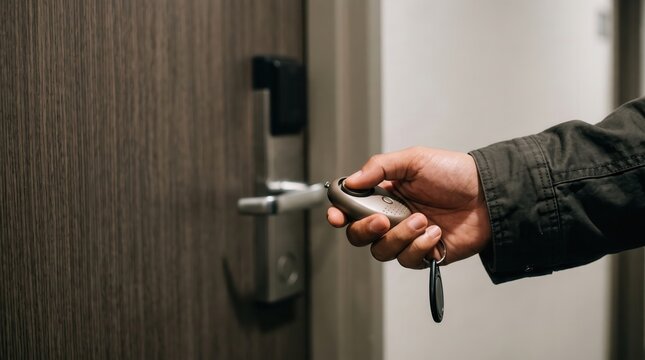 woman hotel room safety concept. Person holding keys near door lock, ready to unlock or lock