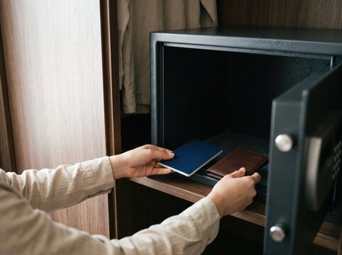 woman hotel room safety concept. Person placing passports into a secure hotel room safe.