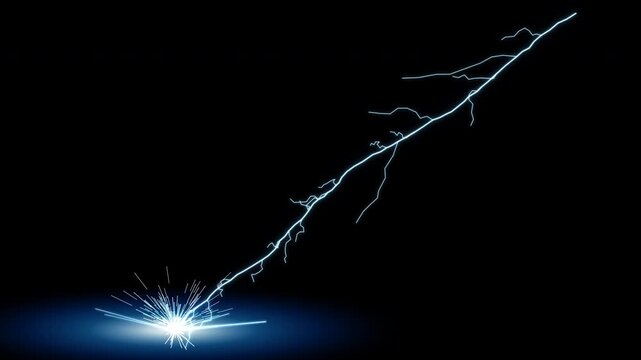 Powerful electric lightning strike with plasma glow and ground impact sparks. High resolution 4K overlay for cinematic compositing