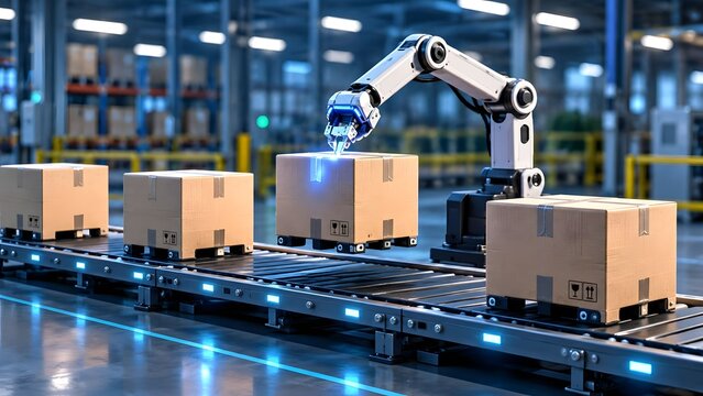 Automated robotic arm working on a conveyor belt with cardboard boxes in a modern factory symbolizing logistics and industry 4.0.