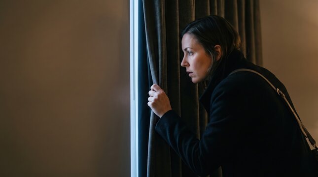 woman hotel room safety concept. Woman peeking through a curtain, appearing cautious or curious indoors.