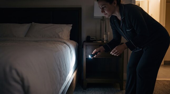 woman hotel room safety concept. Woman checking under bed with flashlight in dimly lit bedroom at night