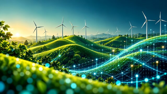 Renewable energy landscape with wind turbines on green hills and a futuristic digital network overlay symbolizing smart grid technology and sustainable power generation.