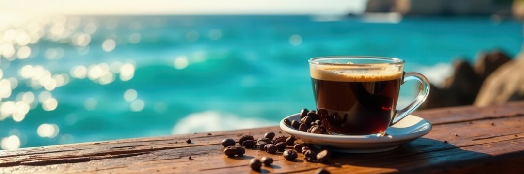 Dark roast coffee, coastal backdrop Rich brown brew against vibrant blue sea , espresso, morning, cup
