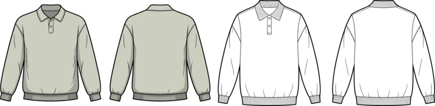 Unisex long sleeve polo collar sweatshirt CAD set featuring button placket and ribbed trim front and back view