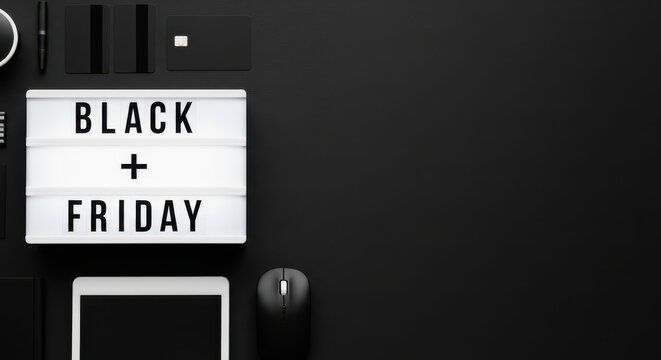 Black friday concept with lightbox tablet and cards.
