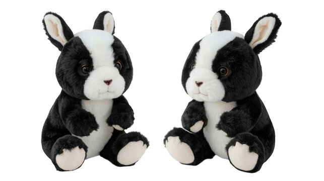 Two black-and-white stuffed plush rabbits sitting side by side on a neutral background.