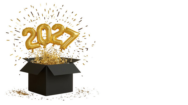 Celebratory 2027 golden confetti emerging from an open gift box with sparkles.