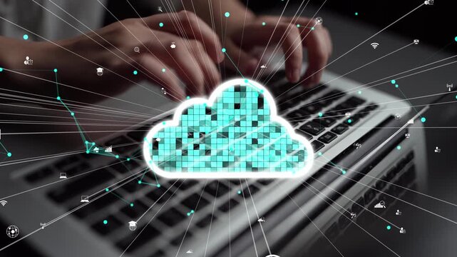 Hands are positioned on a laptop keyboard, with digital cloud graphics symbolizing data transfer and technology connections in a modern workspace. Xenic
