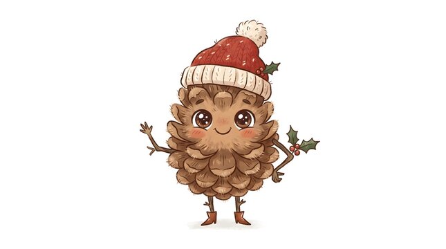 A single, quirky Christmas character: a sentient, fuzzy pinecone with large expressive eyes and tiny branch arms, wearing a lopsided red beanie. Whimsical cartoon style with hand-drawn textures.