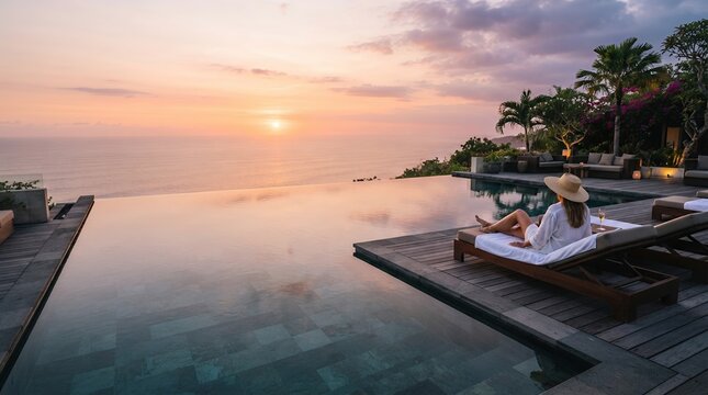 Woman relaxing by infinity pool at sunset overlooking ocean.