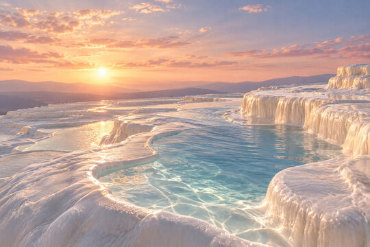 Turquoise Pools Across Sculpted White Mineral Terraces at Sunset