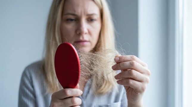 Anxious blonde woman looking at red hairbrush with lots of fallen hair suffering from sudden baldness issue.