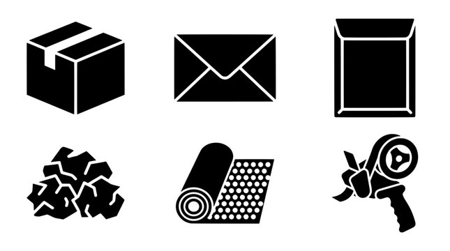 Shipping and logistics icons including cardboard box envelope bubble wrap and packing tape dispenser.