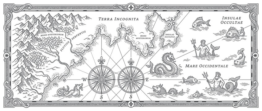 Vintage Style Fantasy Map with Sea Creatures and Compasses
