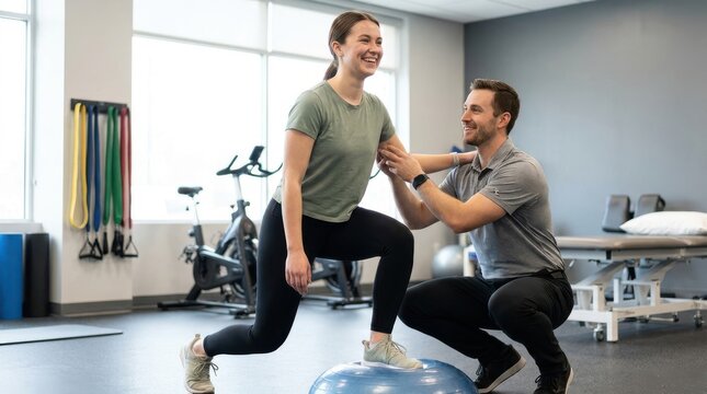 Male physiotherapist guiding young smiling woman during lunge exercise on half balance ball at modern clinic.
