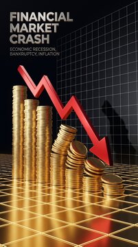 Financial market crash concept with falling gold coins and red downward arrow indicating economic recession