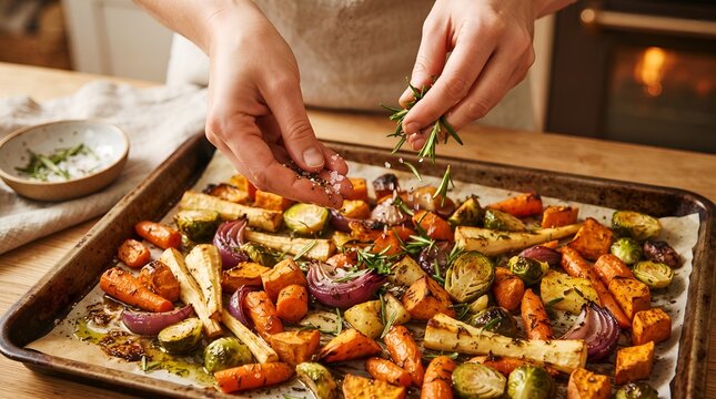 Chef garnishing a tray of roasted root vegetables with fresh herbs.