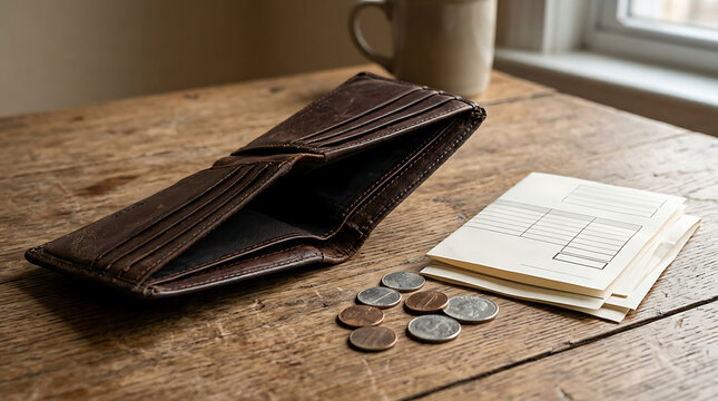Empty brown leather wallet with coins on a rustic wooden table