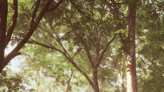 In a tranquil forest setting, dappled sunlight dances upon vibrant green leaves. Tall trees surround a peaceful path, inviting nature lovers to explore the calming beauty of the outdoors.