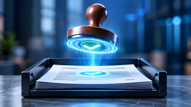 Futuristic wooden stamp projecting a glowing digital checkmark onto documents for electronic signature and smart contract validation
