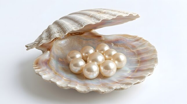 Open sea shell holding group of round cream colored pearls on clean white background.