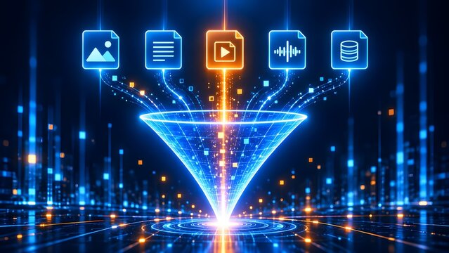 Glowing digital funnel aggregating various multimedia file types into a concentrated data stream for big data analytics and processing concepts
