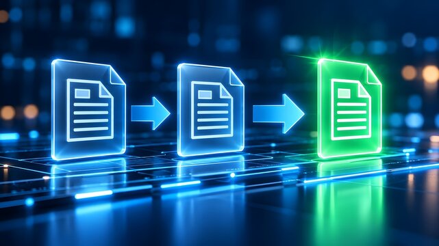 Sequence of glowing digital document files transitioning with arrows into a finalized green approved document for automated workflow concepts