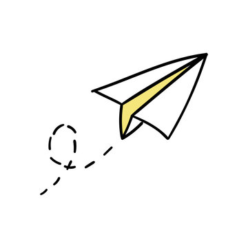 Doodle style paper plane icon design. Hand drawn message symbol and flight sign. Playful sketch paper airplane icon. Send and freedom.