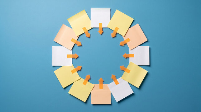 Blank sticky notes in a ring on cerulean blue wall, orange arrow markers pointing inward to empty center, focus concept, copy space 
