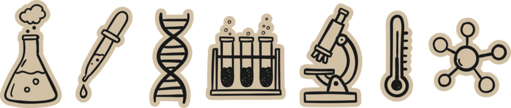 Science laboratory chemistry research scrapbook doodle sticker icon set. hand drawn flask, dropper, dna helix, test tubes, microscope, thermometer, and molecule elements