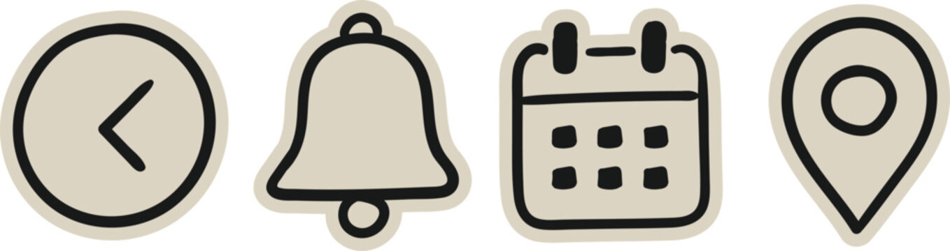 Time notification event schedule scrapbook doodle sticker icon set. hand drawn clock, notification bell, calendar, and map pin location elements for digital journaling and web craft illustration