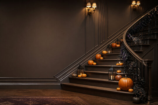 A curved staircase decorated with pumpkins, lanterns, cobwebs and dark garland creates an elegant Halloween interior with ample copy space.