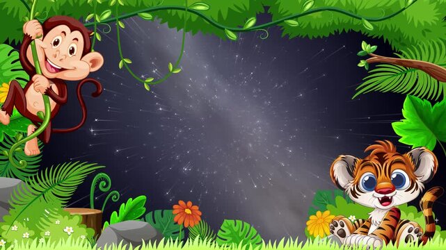 Cartoon Jungle Animal Frame with Drifting Stars in Night Sky