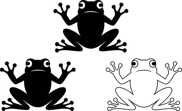 Stylized tree frog vector pack showcasing solid black shapes and thin contour outlines ideal for modern emblem creation