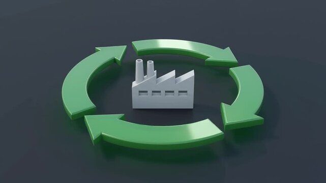 A circular economy supply chain concept showing green arrows rotating around a factory icon, illustrating sustainable manufacturing, industrial recycling, and eco friendly production processes.