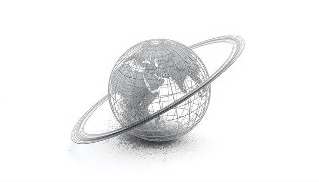 Conceptual digital globe made of glowing silver particle dust on white background with silver particles abstract planet data visualization earth model dotted globe point cloud future technolo