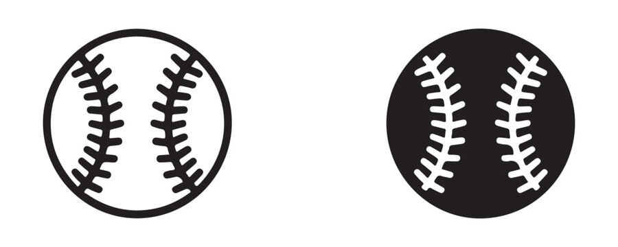 Set of black outline and solid baseball icons with textured stitching lines for sports logo branding.