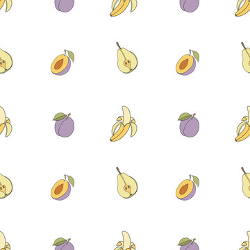 Seamless pattern with bananas, plums and pears