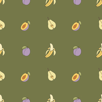 Seamless pattern with bananas, plums and pears