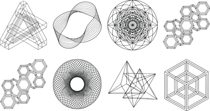 wireframe geometric shape and optical illusion set hypercube penrose triangle black line art illustration isolated on white background