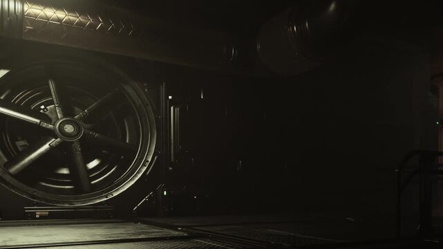 A vast industrial area shrouded in shadows reveals towering machinery. The dim light enhances the metal textures and complexity of the environment, creating a sense of intrigue and wonder.