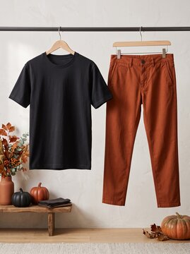 Black T-Shirt and Rust Chino Pants Mockup Hanging on Rack with Autumn Decor