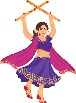 Indian Woman Performing Dandiya Garba Dance In Navratri Festival Wearing Traditional Lehenga Vector Illustration