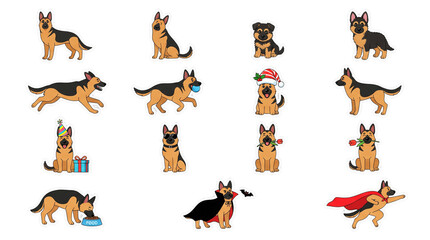 Fototapeta premium German Shepherd Dog Vector Set, 15 Character Poses and Festive Themes Grid Clipart Isolated on Transparent Background PNG