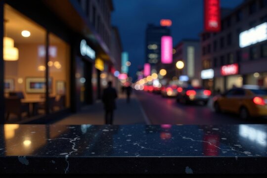 Polished black marble tabletop, night scene product display, commercial, image