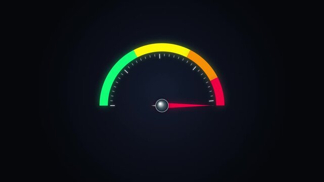 Digital speedometer gauge with a red needle pointing to the left on a dark background