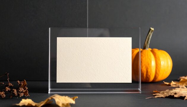 Blank Rectangular Frame Mockup with Orange Pumpkin and Dry Autumn Leaves for Halloween Seasonal Decoration and Festive Greeting Card Design