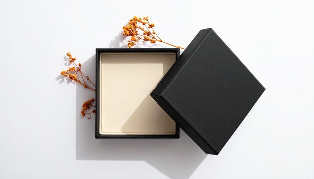 Minimalist Black Jewelry Box Mockup with Dried Orange Flowers for Halloween Elegant Gift Presentation and Premium Seasonal Product Photography
