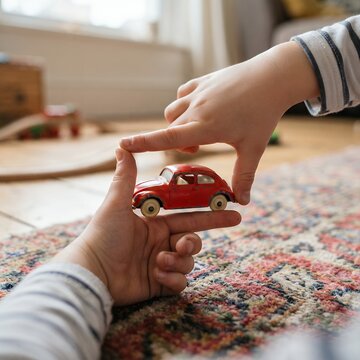 Childs Hands Framing a Small Red Toy Car on a Colorful Rug.